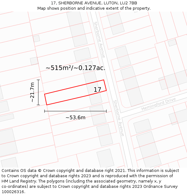 17, SHERBORNE AVENUE, LUTON, LU2 7BB: Plot and title map