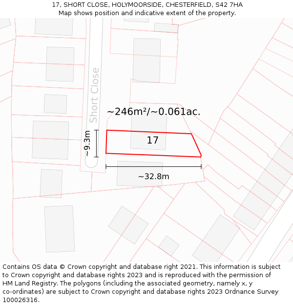 17, SHORT CLOSE, HOLYMOORSIDE, CHESTERFIELD, S42 7HA: Plot and title map