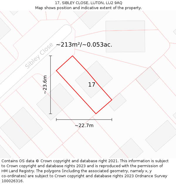 17, SIBLEY CLOSE, LUTON, LU2 9AQ: Plot and title map