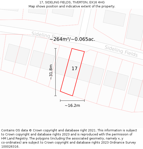 17, SIDELING FIELDS, TIVERTON, EX16 4HG: Plot and title map