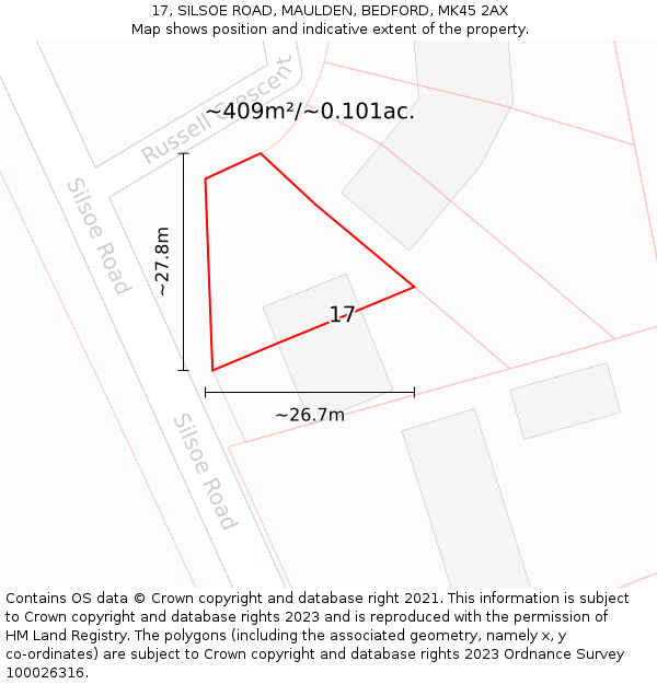 17, SILSOE ROAD, MAULDEN, BEDFORD, MK45 2AX: Plot and title map