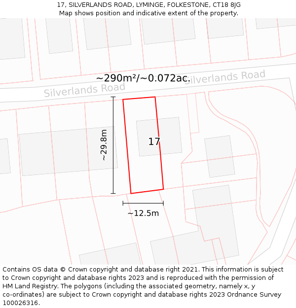 17, SILVERLANDS ROAD, LYMINGE, FOLKESTONE, CT18 8JG: Plot and title map
