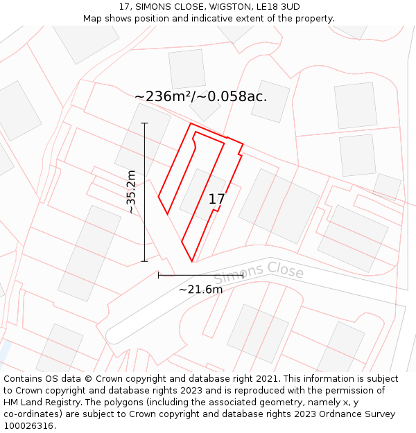 17, SIMONS CLOSE, WIGSTON, LE18 3UD: Plot and title map