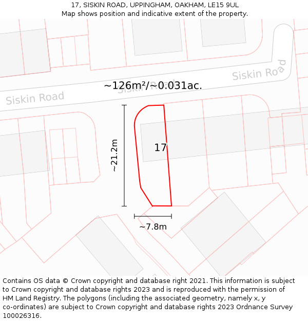 17, SISKIN ROAD, UPPINGHAM, OAKHAM, LE15 9UL: Plot and title map