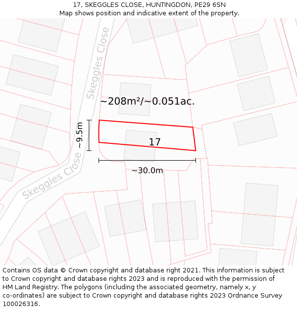 17, SKEGGLES CLOSE, HUNTINGDON, PE29 6SN: Plot and title map