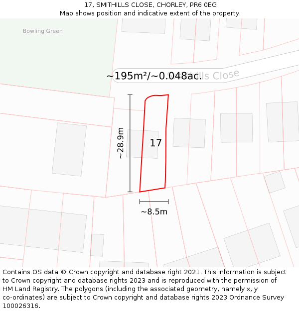 17, SMITHILLS CLOSE, CHORLEY, PR6 0EG: Plot and title map