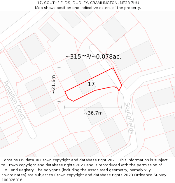 17, SOUTHFIELDS, DUDLEY, CRAMLINGTON, NE23 7HU: Plot and title map