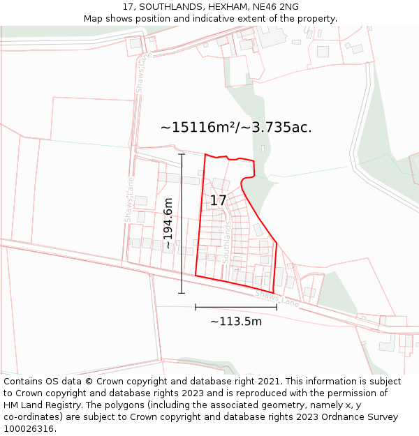 17, SOUTHLANDS, HEXHAM, NE46 2NG: Plot and title map