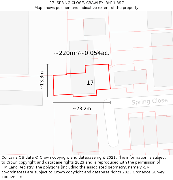 17, SPRING CLOSE, CRAWLEY, RH11 8SZ: Plot and title map