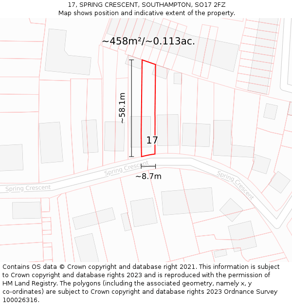 17, SPRING CRESCENT, SOUTHAMPTON, SO17 2FZ: Plot and title map