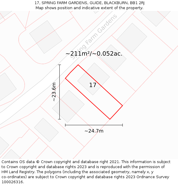 17, SPRING FARM GARDENS, GUIDE, BLACKBURN, BB1 2RJ: Plot and title map