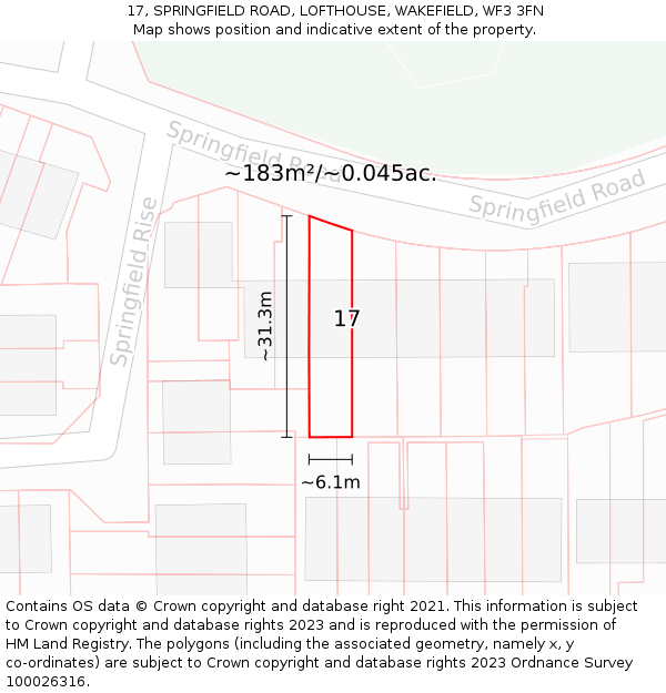 17, SPRINGFIELD ROAD, LOFTHOUSE, WAKEFIELD, WF3 3FN: Plot and title map