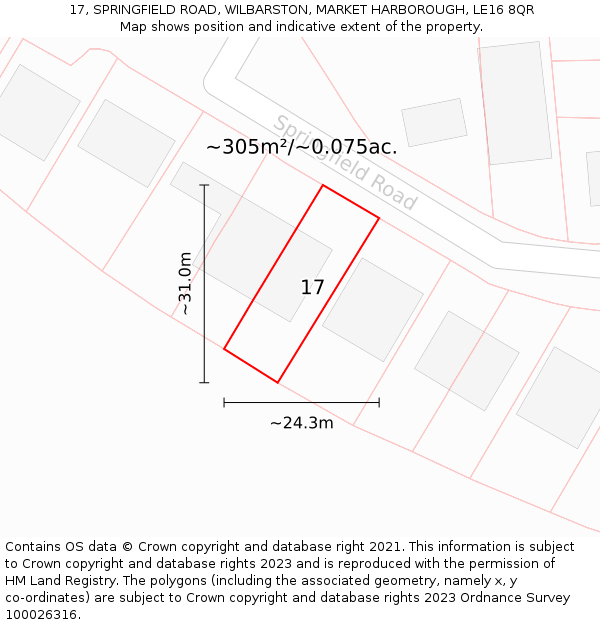 17, SPRINGFIELD ROAD, WILBARSTON, MARKET HARBOROUGH, LE16 8QR: Plot and title map