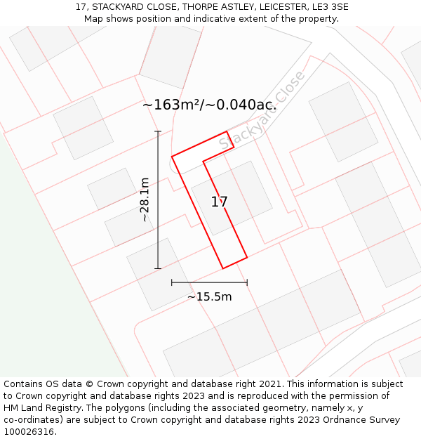 17, STACKYARD CLOSE, THORPE ASTLEY, LEICESTER, LE3 3SE: Plot and title map