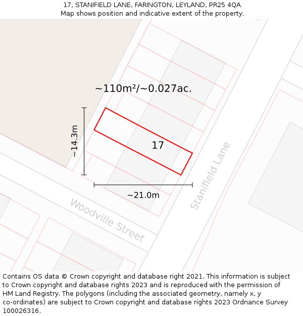17, STANIFIELD LANE, FARINGTON, LEYLAND, PR25 4QA: Plot and title map