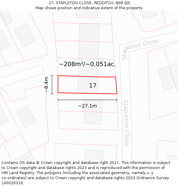 17, STAPLETON CLOSE, REDDITCH, B98 0JS: Plot and title map