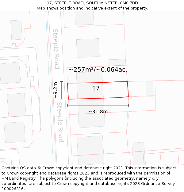 17, STEEPLE ROAD, SOUTHMINSTER, CM0 7BD: Plot and title map