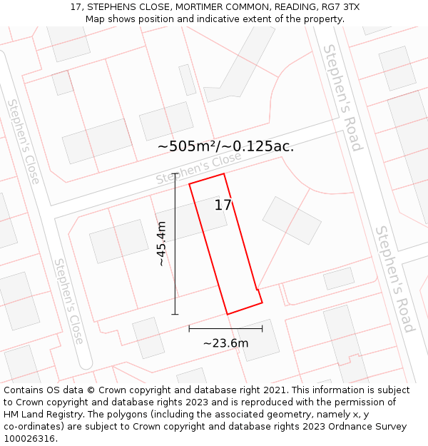 17, STEPHENS CLOSE, MORTIMER COMMON, READING, RG7 3TX: Plot and title map