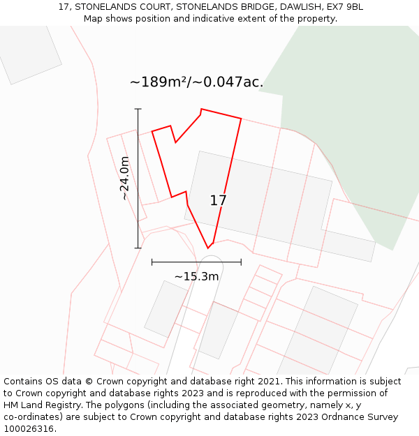 17, STONELANDS COURT, STONELANDS BRIDGE, DAWLISH, EX7 9BL: Plot and title map