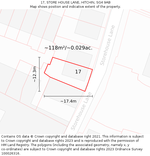 17, STORE HOUSE LANE, HITCHIN, SG4 9AB: Plot and title map