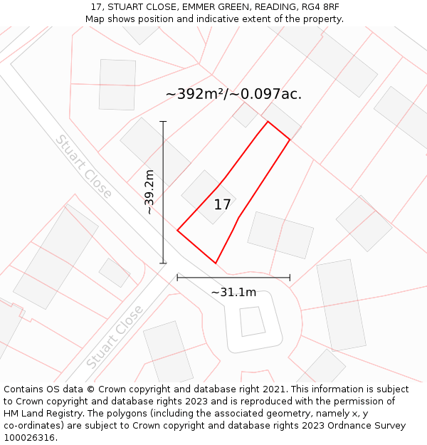 17, STUART CLOSE, EMMER GREEN, READING, RG4 8RF: Plot and title map