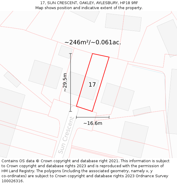 17, SUN CRESCENT, OAKLEY, AYLESBURY, HP18 9RF: Plot and title map