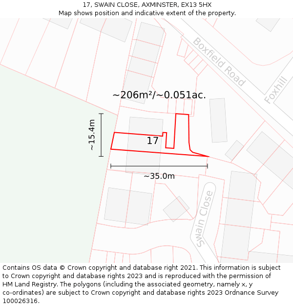 17, SWAIN CLOSE, AXMINSTER, EX13 5HX: Plot and title map