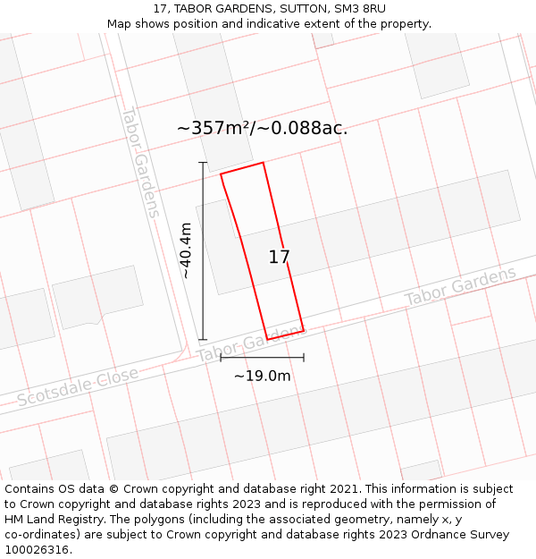17, TABOR GARDENS, SUTTON, SM3 8RU: Plot and title map