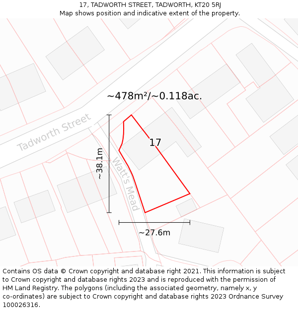 17, TADWORTH STREET, TADWORTH, KT20 5RJ: Plot and title map