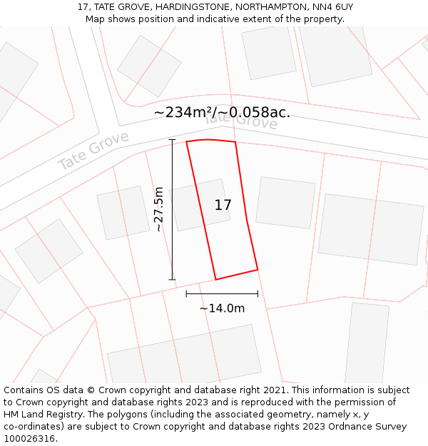 17, TATE GROVE, HARDINGSTONE, NORTHAMPTON, NN4 6UY: Plot and title map