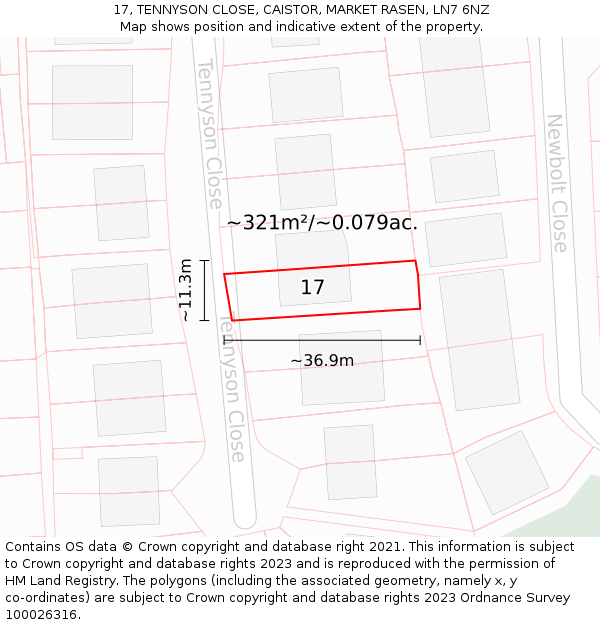 17, TENNYSON CLOSE, CAISTOR, MARKET RASEN, LN7 6NZ: Plot and title map