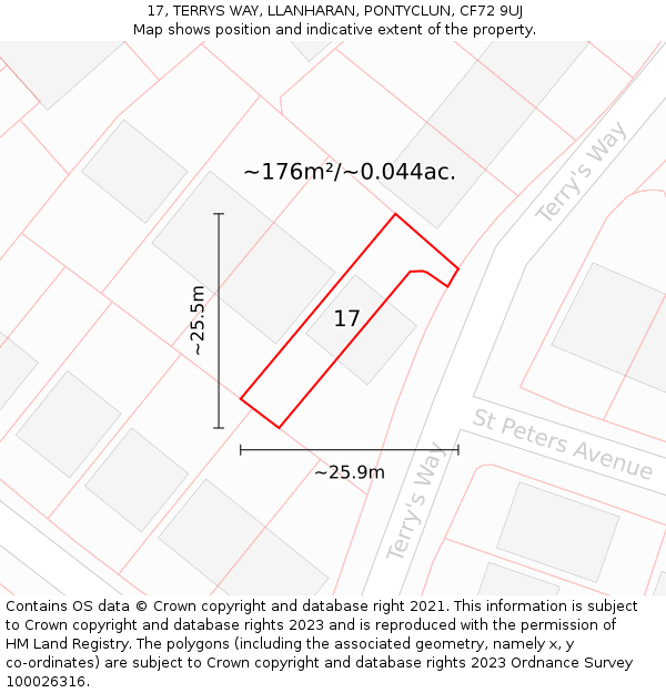17, TERRYS WAY, LLANHARAN, PONTYCLUN, CF72 9UJ: Plot and title map
