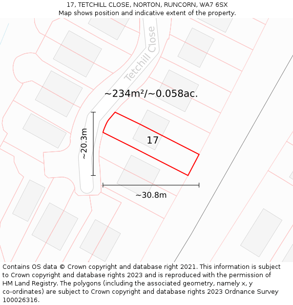 17, TETCHILL CLOSE, NORTON, RUNCORN, WA7 6SX: Plot and title map