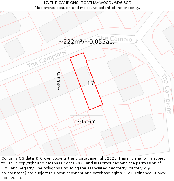 17, THE CAMPIONS, BOREHAMWOOD, WD6 5QD: Plot and title map