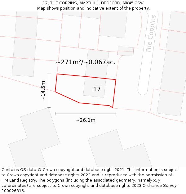 17, THE COPPINS, AMPTHILL, BEDFORD, MK45 2SW: Plot and title map