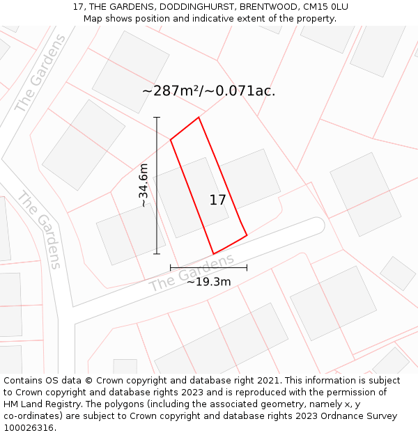 17, THE GARDENS, DODDINGHURST, BRENTWOOD, CM15 0LU: Plot and title map