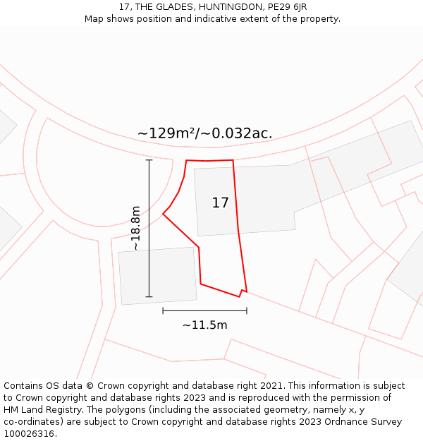 17, THE GLADES, HUNTINGDON, PE29 6JR: Plot and title map