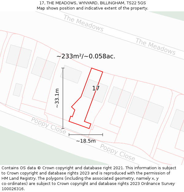 17, THE MEADOWS, WYNYARD, BILLINGHAM, TS22 5GS: Plot and title map