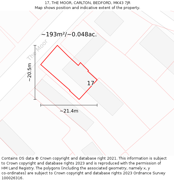 17, THE MOOR, CARLTON, BEDFORD, MK43 7JR: Plot and title map