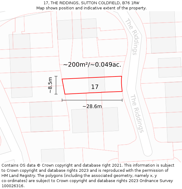 17, THE RIDDINGS, SUTTON COLDFIELD, B76 1RW: Plot and title map