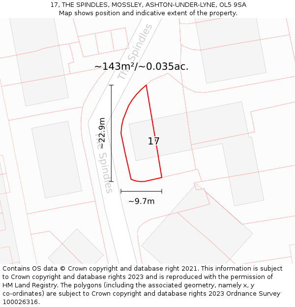 17, THE SPINDLES, MOSSLEY, ASHTON-UNDER-LYNE, OL5 9SA: Plot and title map