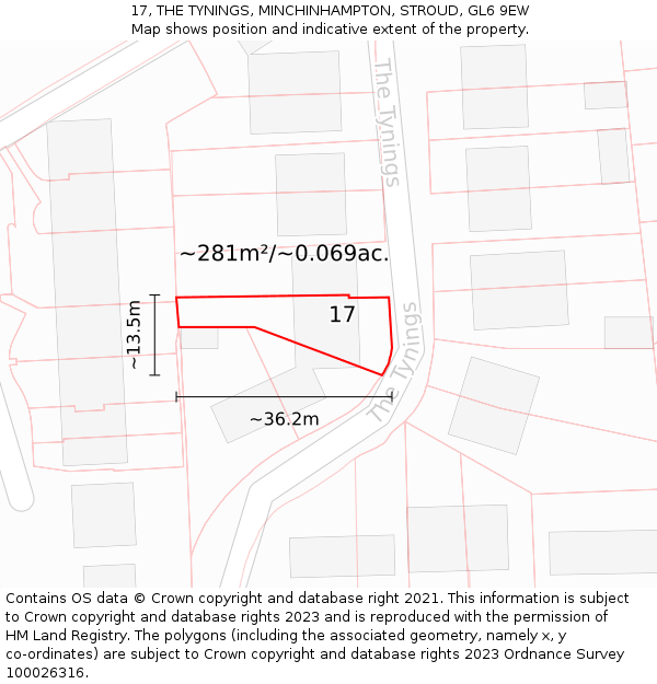 17, THE TYNINGS, MINCHINHAMPTON, STROUD, GL6 9EW: Plot and title map