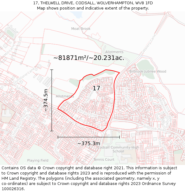 17, THELWELL DRIVE, CODSALL, WOLVERHAMPTON, WV8 1FD: Plot and title map
