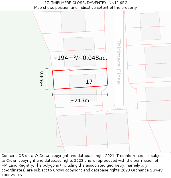 17, THIRLMERE CLOSE, DAVENTRY, NN11 9EG: Plot and title map