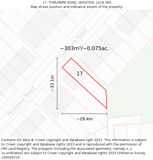 17, THIRLMERE ROAD, WIGSTON, LE18 3RS: Plot and title map
