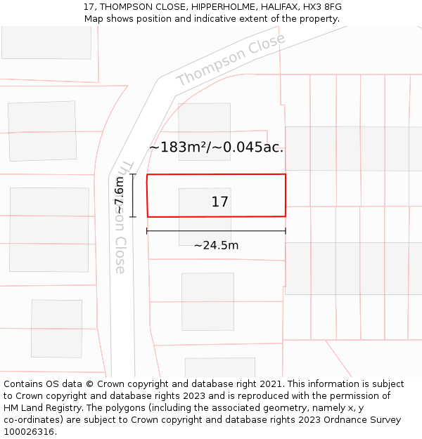 17, THOMPSON CLOSE, HIPPERHOLME, HALIFAX, HX3 8FG: Plot and title map