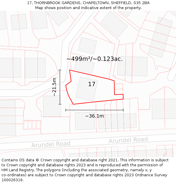 17, THORNBROOK GARDENS, CHAPELTOWN, SHEFFIELD, S35 2BA: Plot and title map