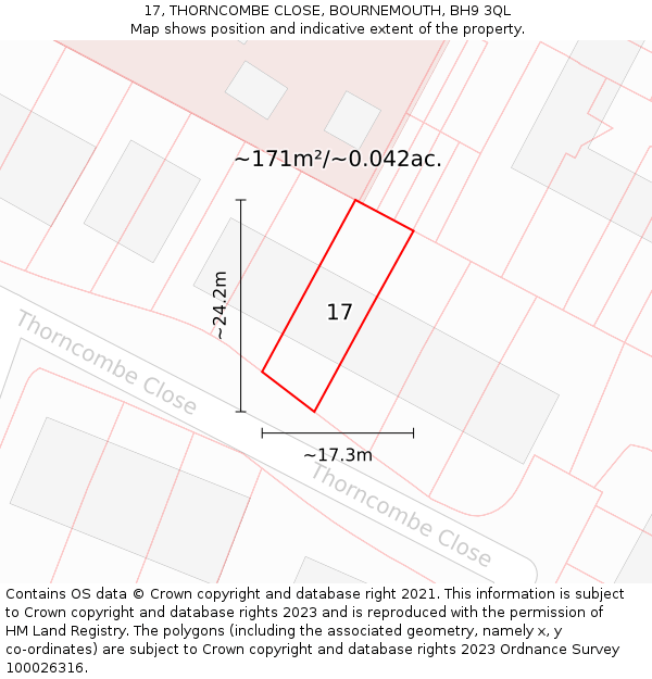 17, THORNCOMBE CLOSE, BOURNEMOUTH, BH9 3QL: Plot and title map