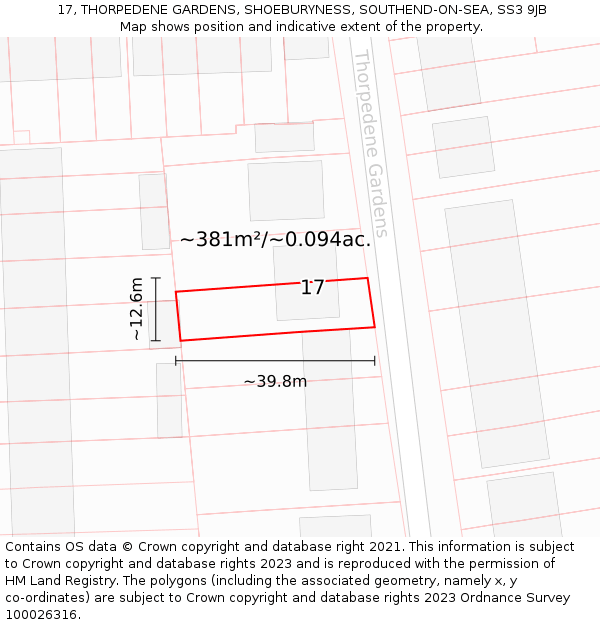 17, THORPEDENE GARDENS, SHOEBURYNESS, SOUTHEND-ON-SEA, SS3 9JB: Plot and title map