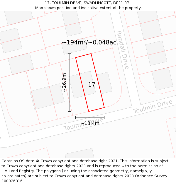 17, TOULMIN DRIVE, SWADLINCOTE, DE11 0BH: Plot and title map
